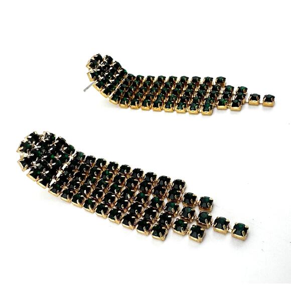Emerald Green Rhinestone Vintage Style Cup Chain Waterfall Fringe 2.5” Earrings - Picture 1 of 5